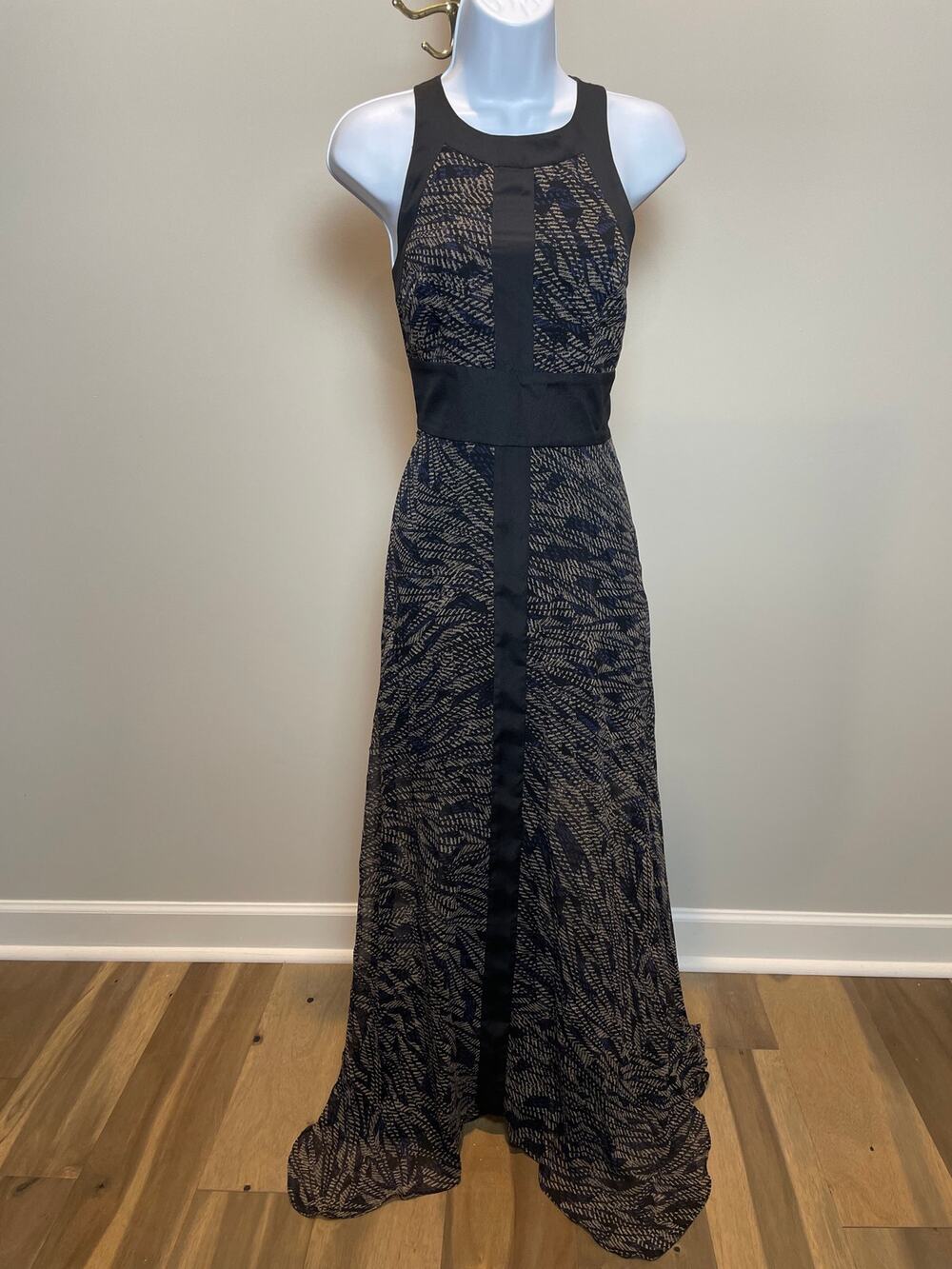 BCBGeneration Chiffon Maxi Dress Size 6 Black Tan Blue Accents Flowy
